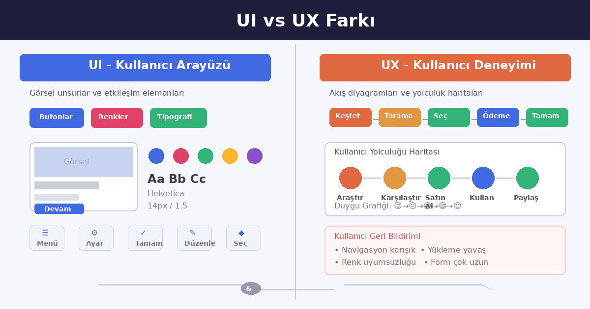 UI/UX tasarım ilkeleri: Kullanıcı arayüzü ve kullanıcı deneyimi karşılaştırması