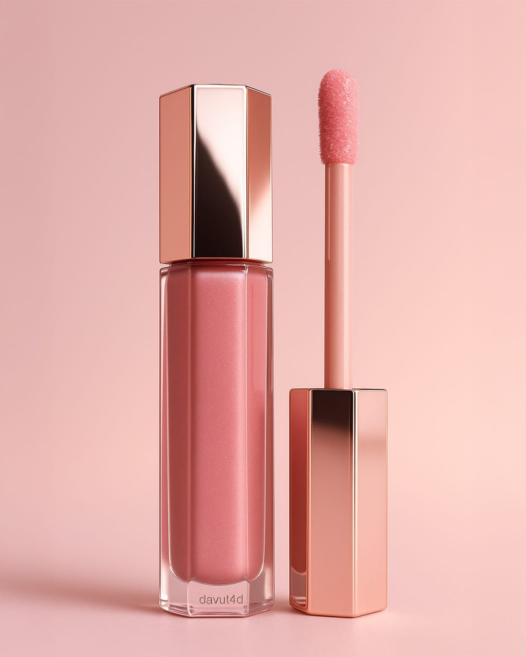 Pembe zeminde altıgen cam gövdeli pembe dudak parlatıcısı, rose-gold ayna kapak ve tüylü uçlu aplikatör render'ı