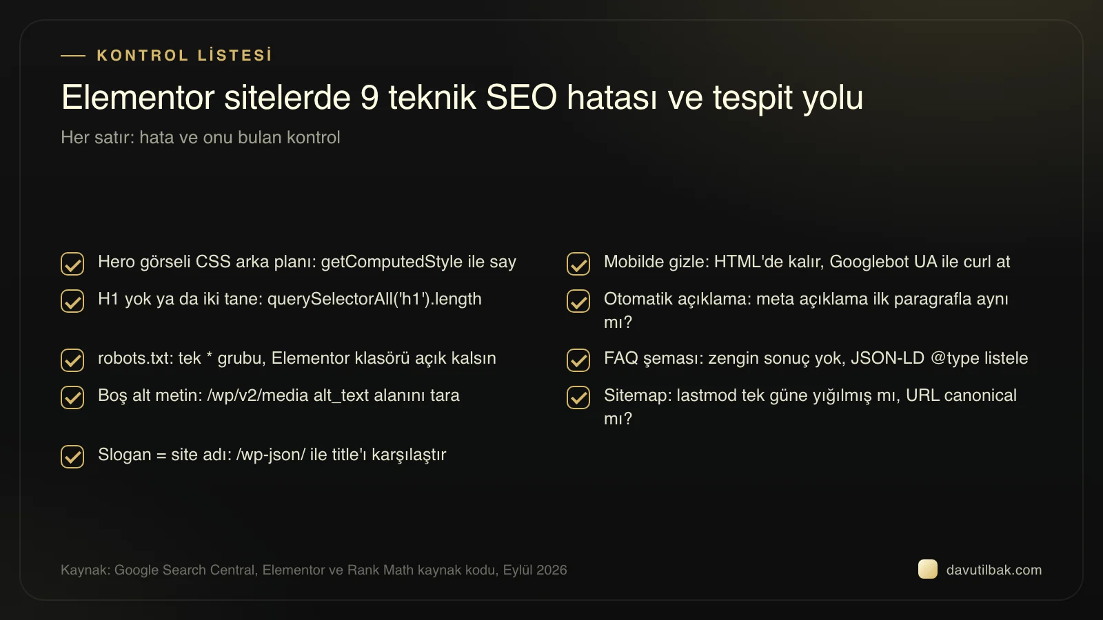Elementor sitelerde 9 teknik SEO hatasını ve her birini bulan kontrolü sıralayan kontrol listesi