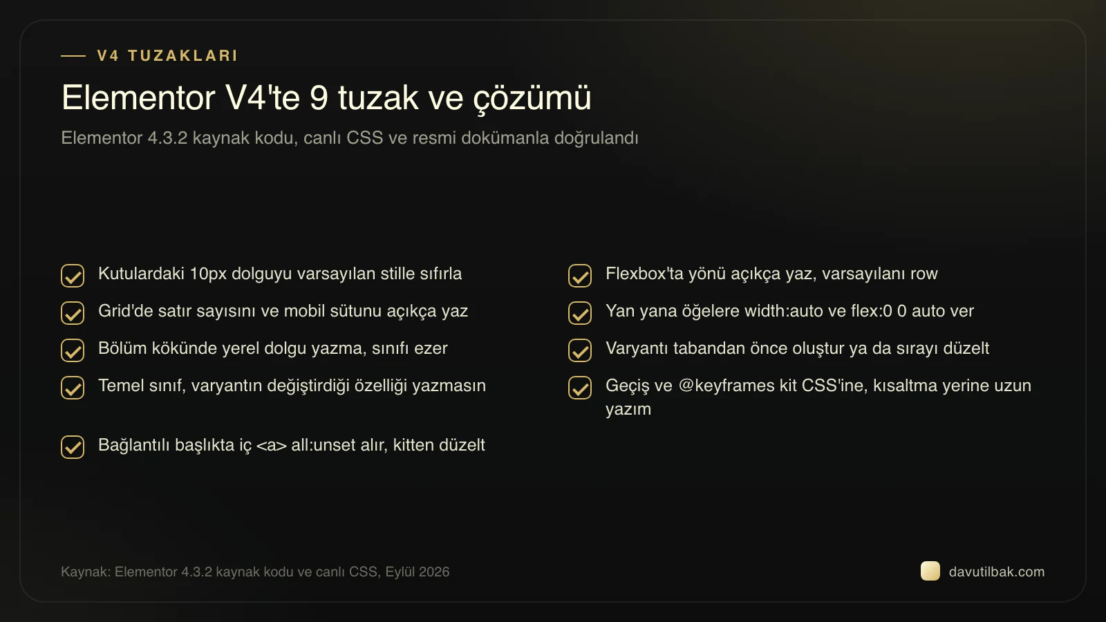 Elementor V4 dokuz tuzak kontrol listesi: 10px dolgu, row yönü, Grid satırları, yerel stil ve sınıf sırası