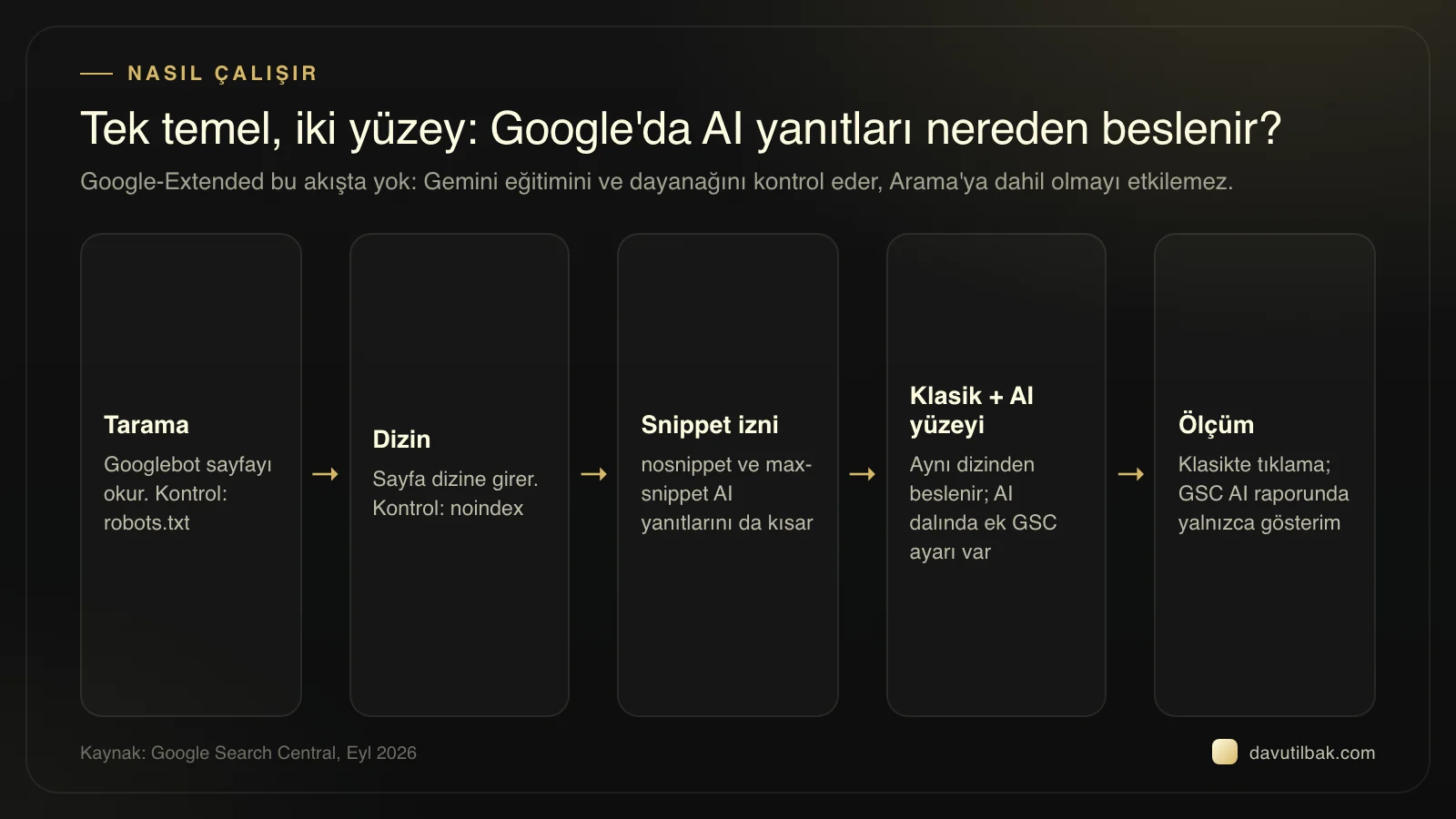 Taranan ve dizine giren sayfanın hem klasik sonuçlara hem AI Bakışı ve AI Modu'na aynı dizinden ulaştığını gösteren akış