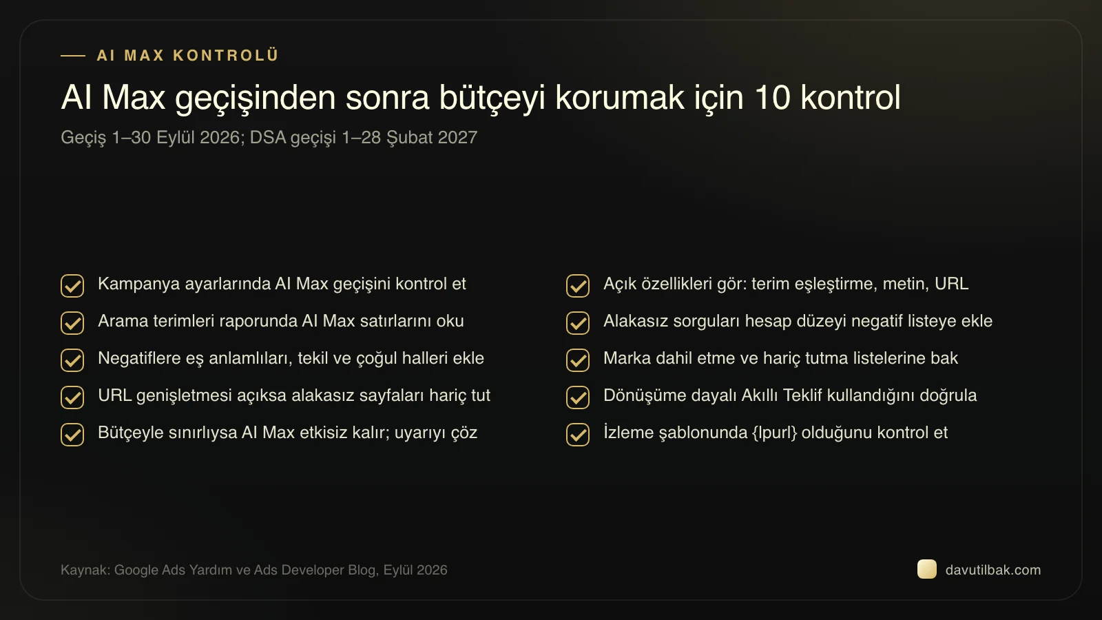 AI Max kontrol listesi: geçişi doğrula, arama terimlerini oku, negatif liste, marka ve URL, Akıllı Teklif, {lpurl}