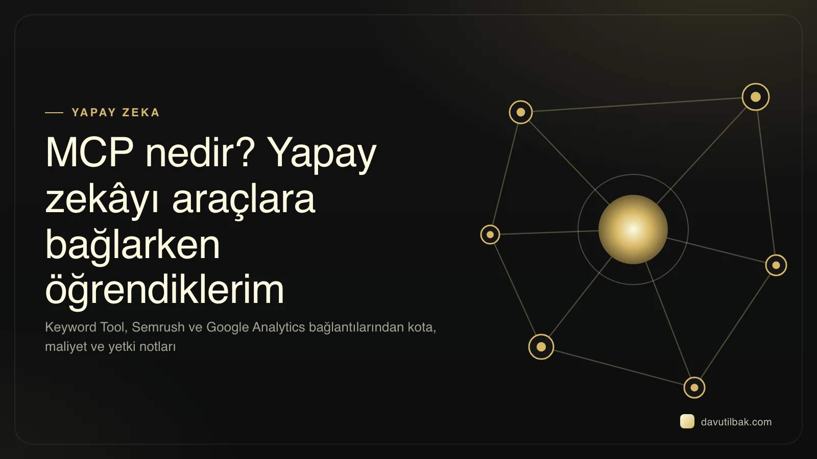 MCP nedir yazısının kapağı: yapay zekâyı Keyword Tool, Semrush ve Google Analytics sunucularına bağlama notları