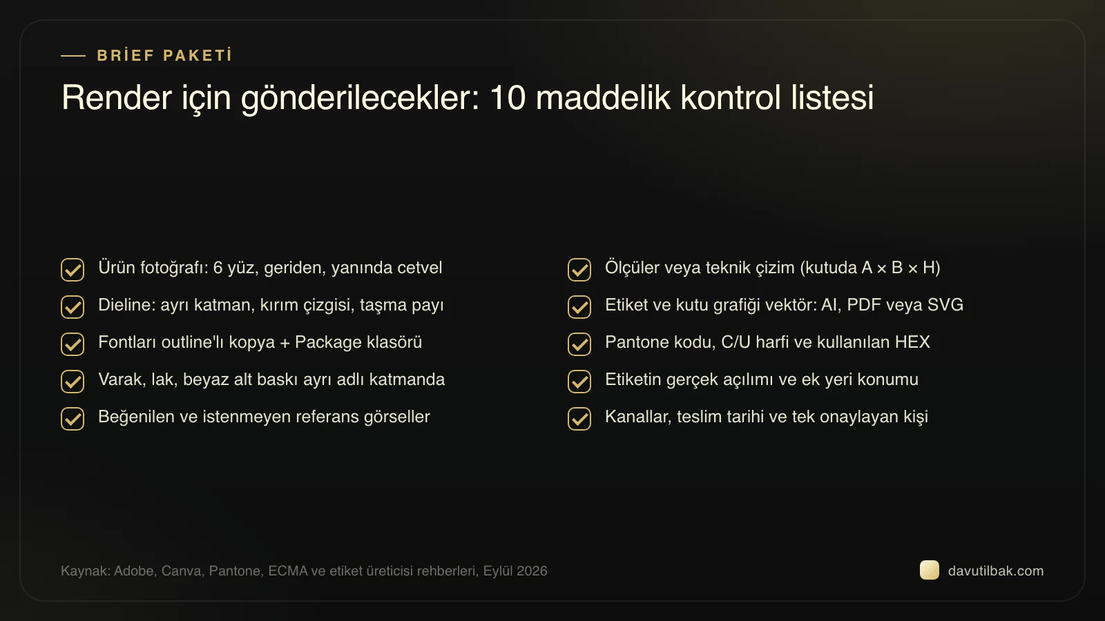 Render brief paketi için 10 maddelik liste: fotoğraf, ölçü, dieline, vektör, font, renk kodu, katman, açılım, brief